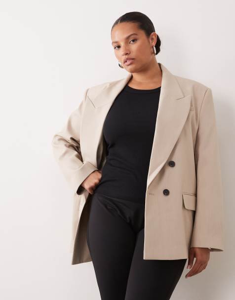 ASOS DESIGN Curve dopasowana marynarka z mocno zaznaczonymi ramionami, dwurzędowa, w kolorze sand marl - view 1