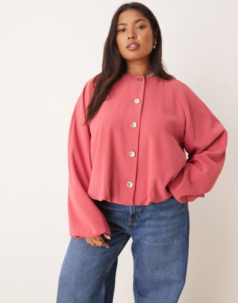 ASOS DESIGN Curve tailored bubble hem jacket with gold button detail in berry