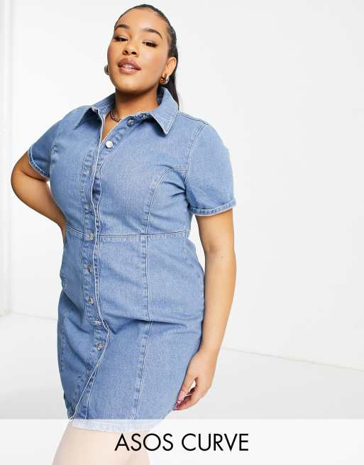 ASOS DESIGN Curve – Dopasowana sukienka koszulowa z krótkim rękawem, z denimu w kolorze niebieskim