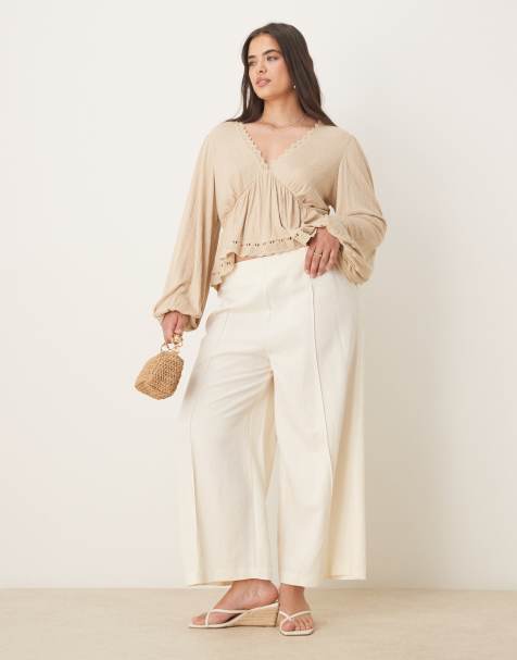 ASOS DESIGN Curve – Dopasowane spodnie kuloty z domieszką lnu w kolorze kości słoniowej - view 1