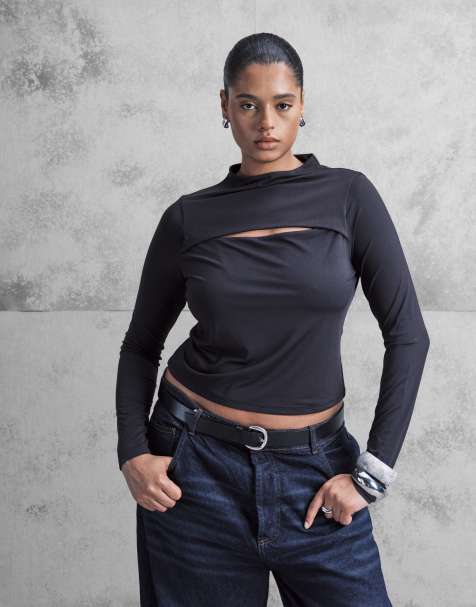 ASOS DESIGN Curve – Dopasowany czarny top z długimi rękawami i wycięciem - view 1