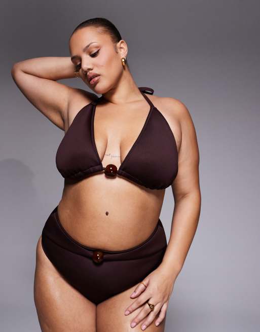 ASOS DESIGN Curve – Dora – Premium – Chokladbrun bikini med stora pärlor, 3 av 3