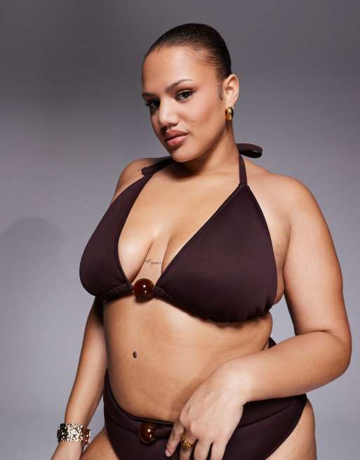 ASOS DESIGN Curve - Dora - Premium - Chokoladebrun trekants-bikinitop med høje spidser og stor perle, 2 af 4