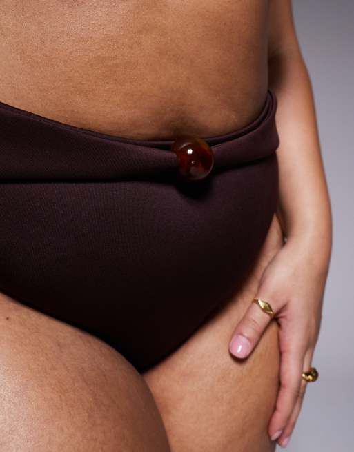ASOS DESIGN Curve Dora premium high leg high waist belted bikini bottom with jumbo bead in chocolate, 4 of 4