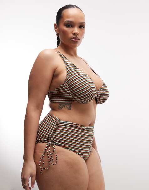 ASOS DESIGN Curve - Dori - Gerimpeld bikinibroekje met hoge taille en strepen - view 1