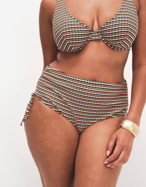 ASOS DESIGN Curve Dori ruched high waisted bikini bottom in sunset stripe, 3 of 8