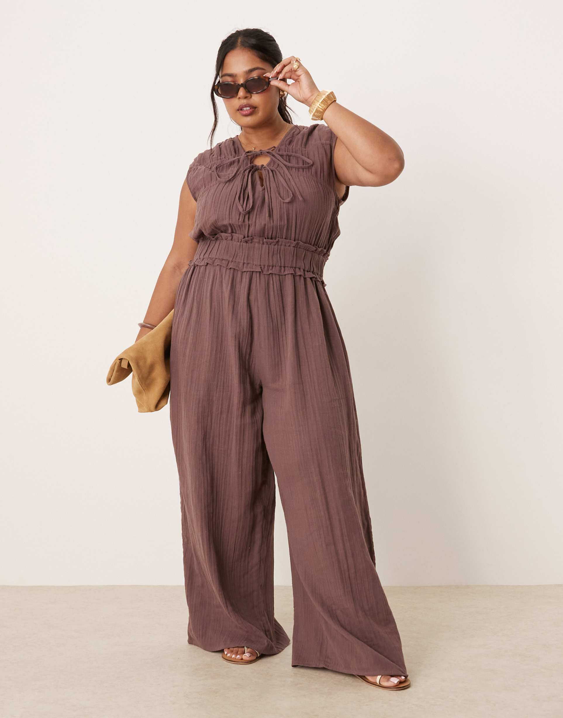 asos design curve double cloth gathered bust jumpsuit in chocolate