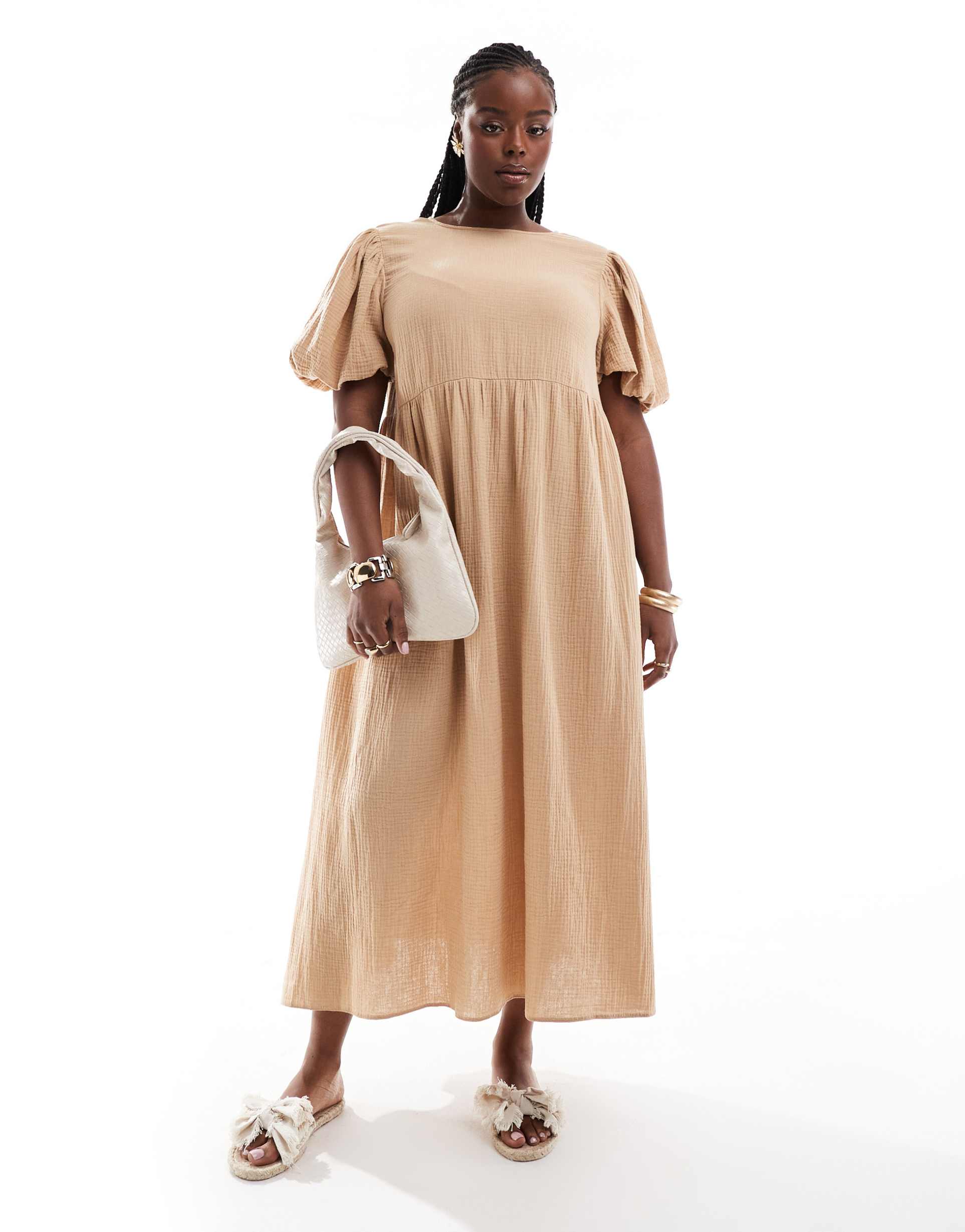 asos design curve double cloth midi smock dress with puff ball sleeves in sand