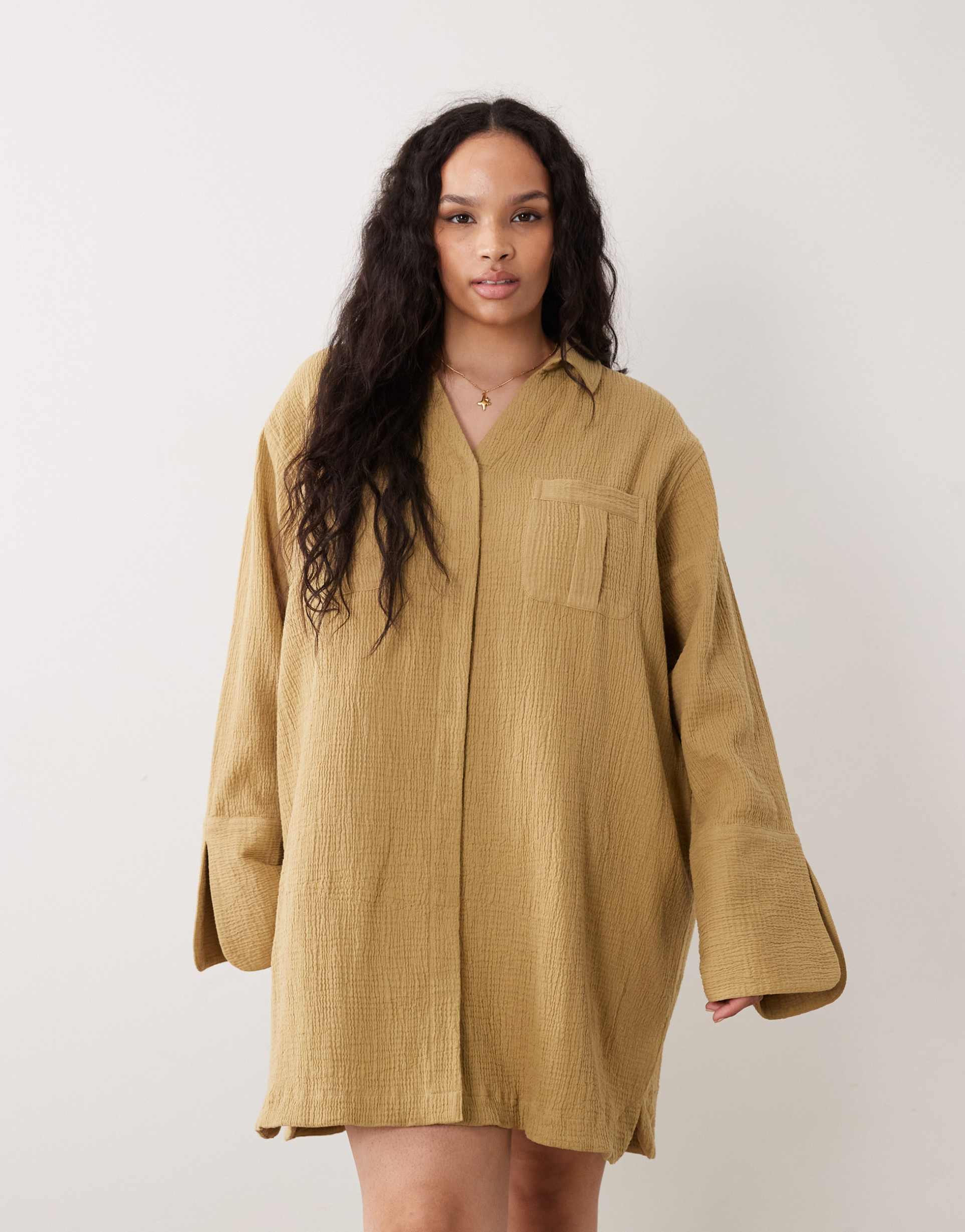 asos design curve double cloth mini shirt dress with wide cuffs and oversized pockets in toasted sage