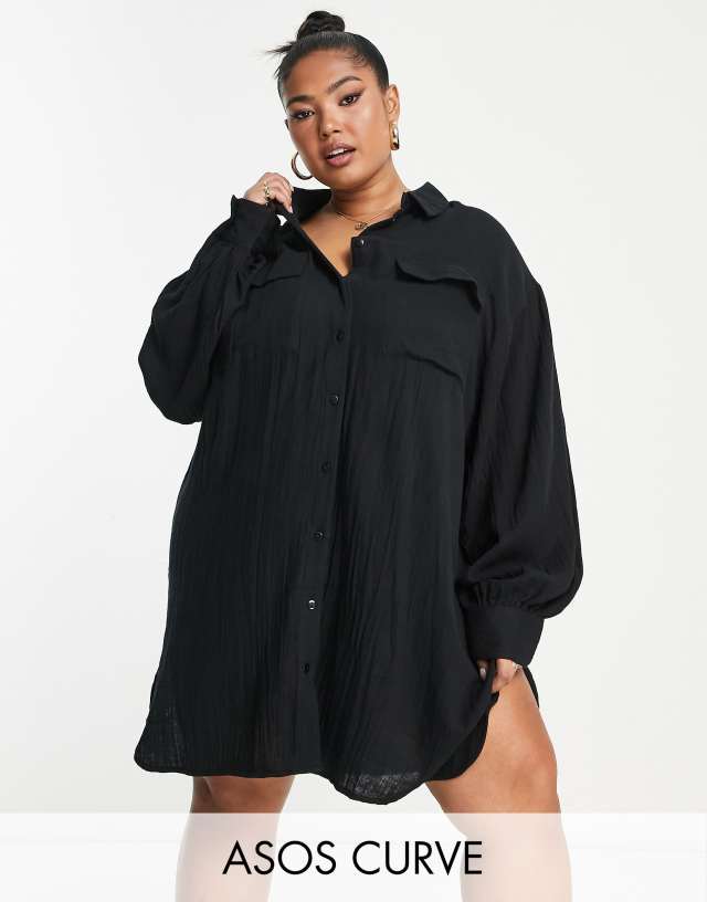 ASOS DESIGN Curve double cloth oversized mini shirt dress in black