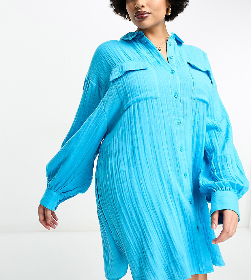 ASOS DESIGN Curve double cloth oversized mini shirt dress in blue