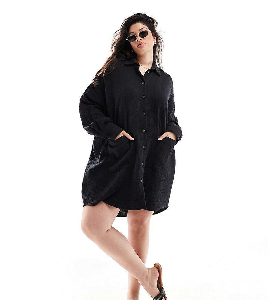 ASOS DESIGN Curve double cloth oversized shirt dress with dropped pockets in black