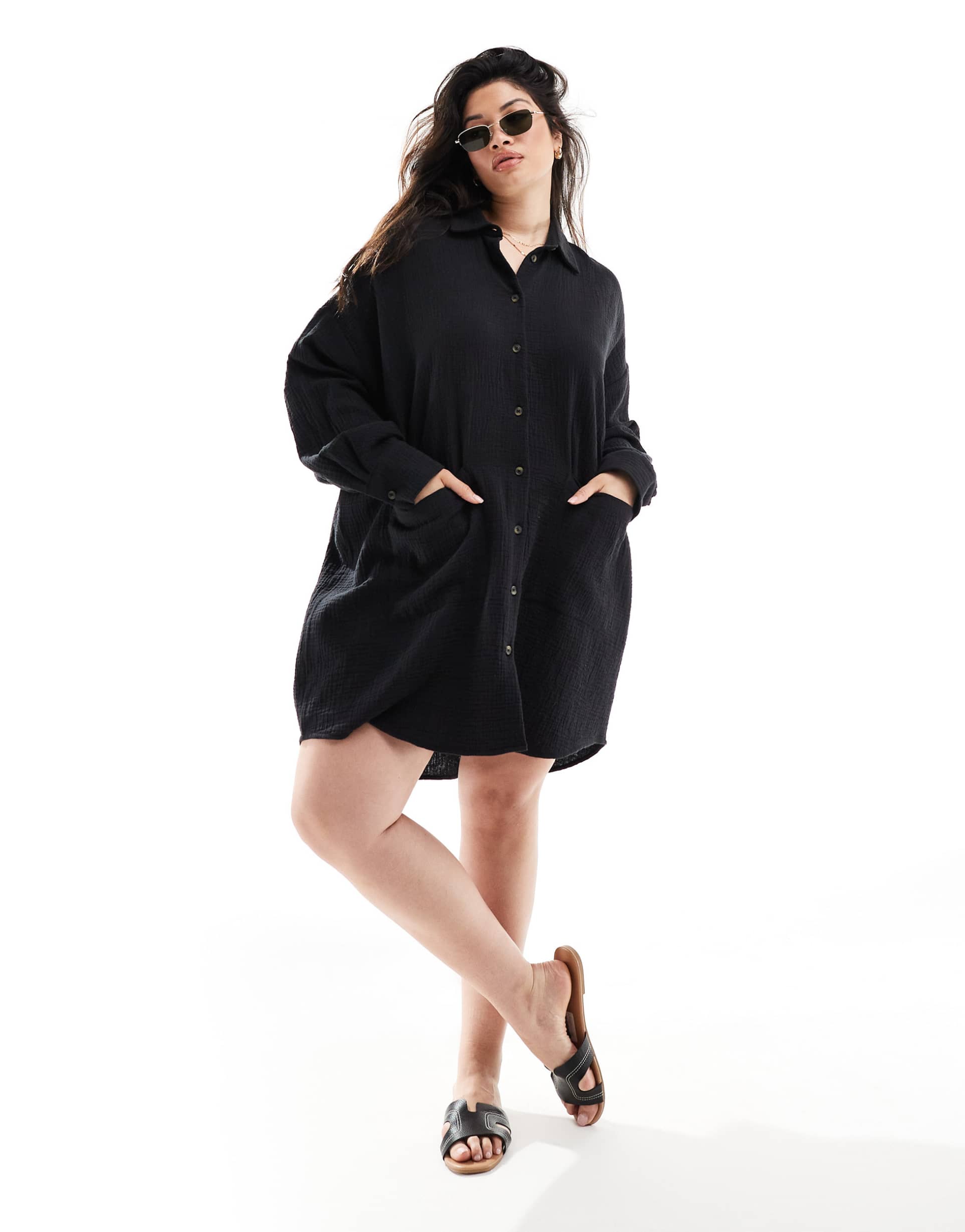 asos design curve double cloth oversized shirt dress with dropped pockets in black