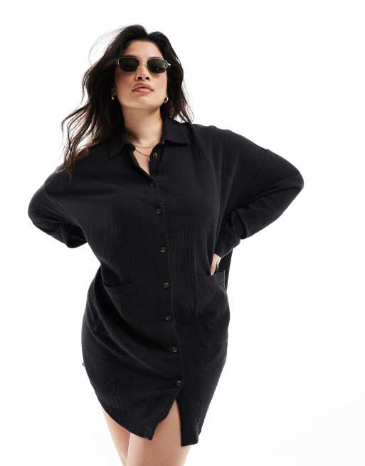 ASOS DESIGN Curve double cloth oversized shirt dress with dropped pockets in black ASOS