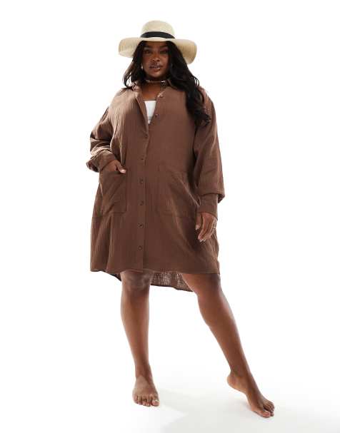 ASOS DESIGN Curve double cloth oversized shirt dress with dropped pockets in chocolate - view 1