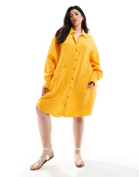 ASOS DESIGN Curve double cloth oversized shirt dress with dropped pockets in tangerine - view 1