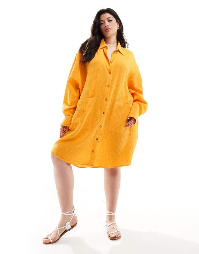 ASOS Curve - ASOS DESIGN Curve double cloth oversized shirt dress with dropped pockets in tangerine