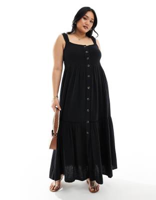 ASOS Curve ASOS DESIGN Curve double cloth shirred button through tie back maxi dress in black - BLACK