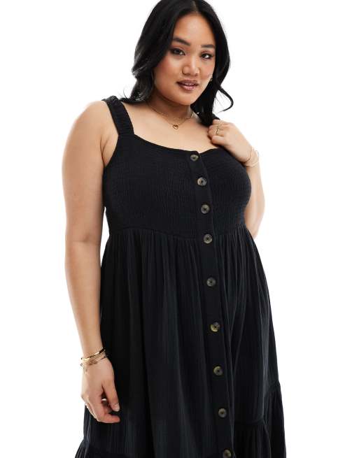 ASOS DESIGN Curve double cloth shirred button through tie back maxi dress in black BLACK ASOS