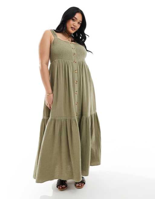 ASOS DESIGN Curve double cloth shirred button up tie back maxi dress in khaki