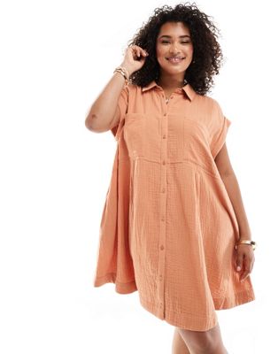 ASOS DESIGN Curve double cloth sleeveless smock shirt dress in rust-Brown