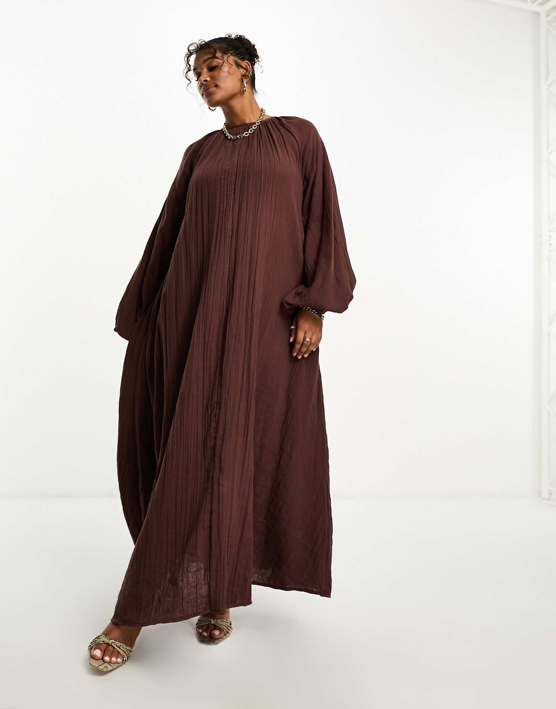 asos design curve double cloth trapeze maxi dress in chocolate