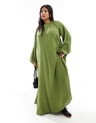 ASOS DESIGN Curve double cloth trapeze maxi dress in olive green - ASOS Price Checker