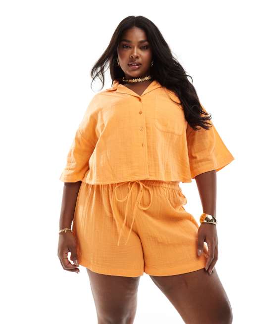 ASOS DESIGN Curve double gauze beach shorts in orange (part of a set) 