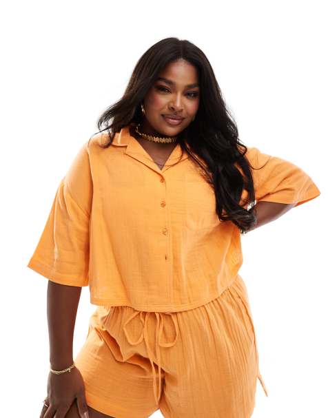 ASOS DESIGN Curve double gauze boxy beach shirt in orange (part of a set) - view 1