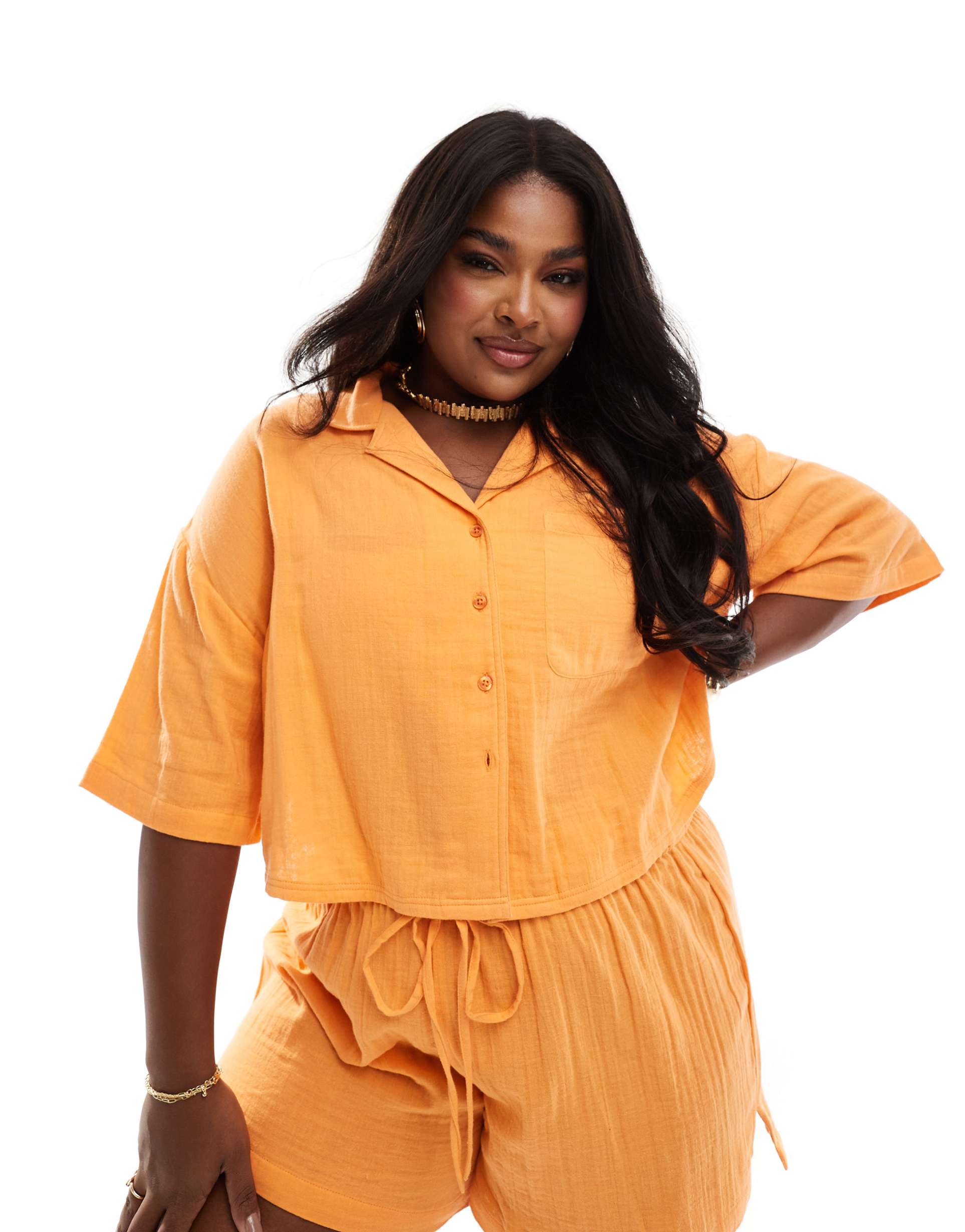 asos design curve double gauze boxy beach shirt in orange - part of a set