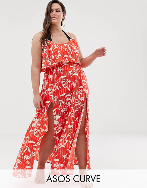 ASOS DESIGN Curve double layer beach maxi dress in flamenco floral stripe print