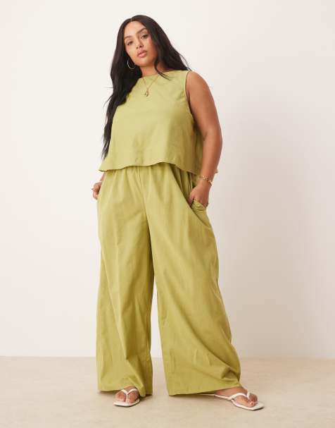 ASOS DESIGN Curve double layer jumpsuit with open back in khaki green - view 1