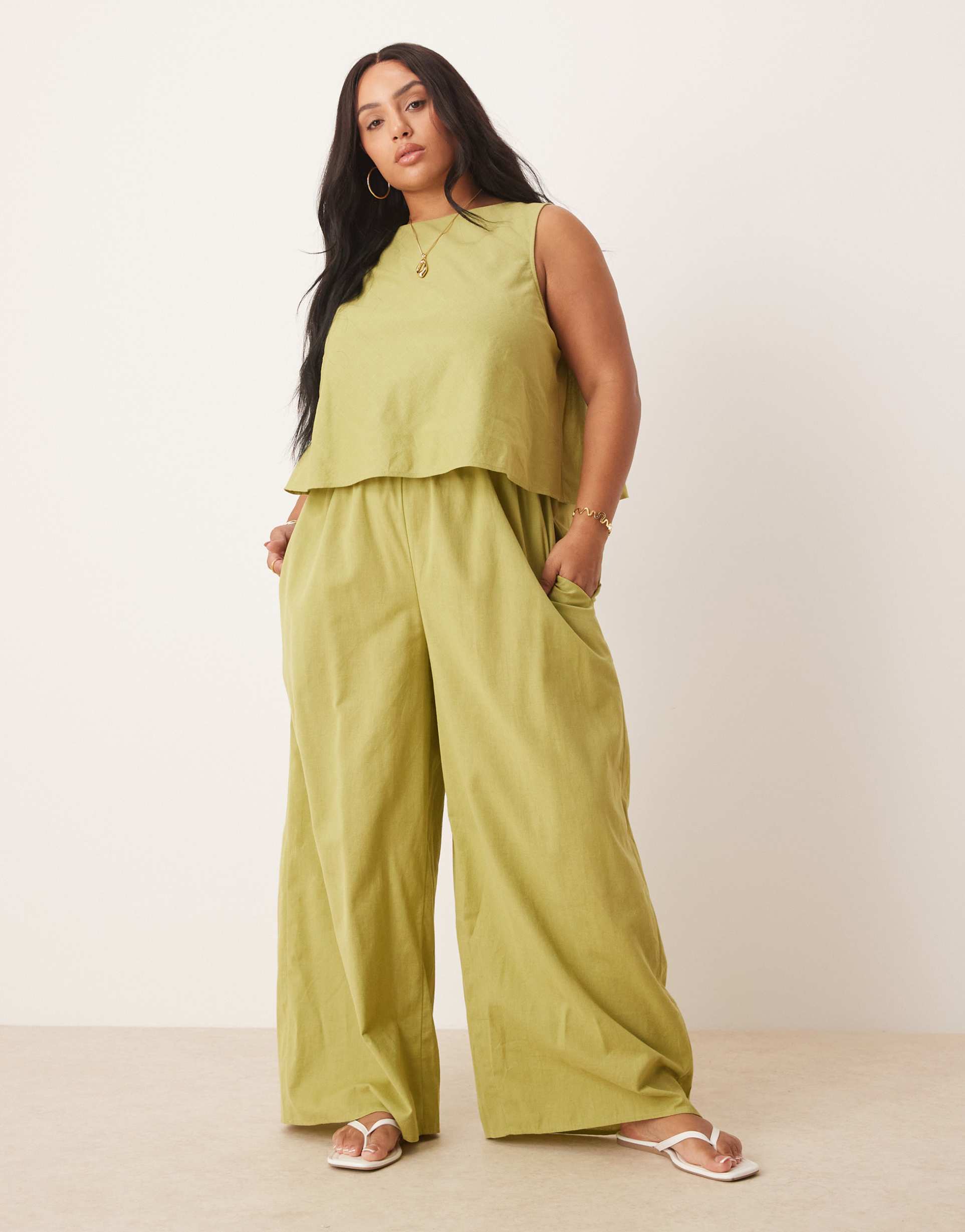asos design curve double layer jumpsuit with open back in khaki green