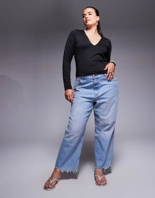 Asos Curve Asos Design Curve Double Layer Long Sleeve Deep V Neck Top In Black