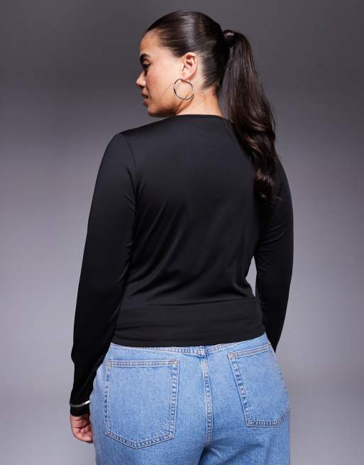 ASOS DESIGN Curve double layer long sleeve deep v neck top in black, 3 of 4