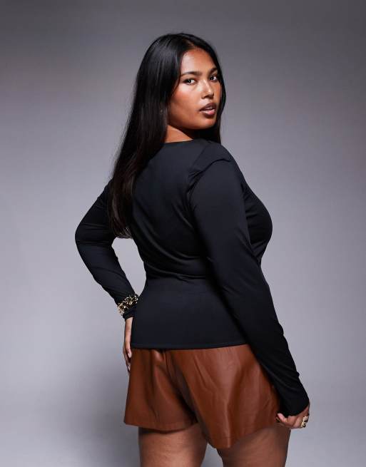 ASOS DESIGN Curve double-layer long sleeve sweetheart neck top in black, 2 of 4