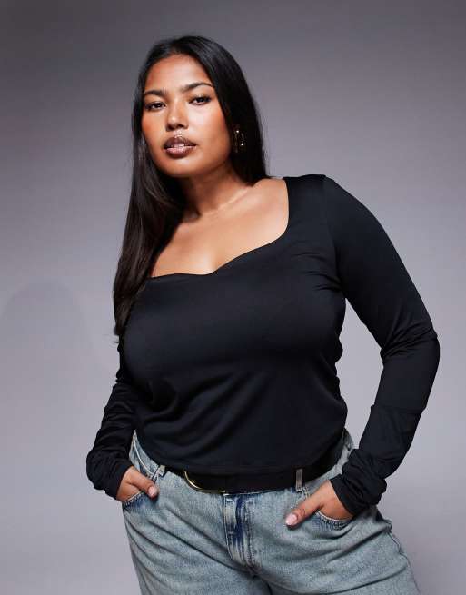ASOS DESIGN Curve double layer long sleeve top with ruched bust in black