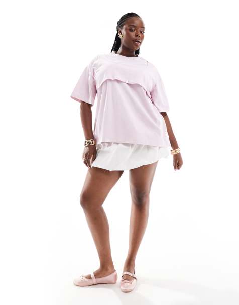 ASOS DESIGN Curve double layer oversized t-shirt with cropped cami overlay in washed pink - view 1