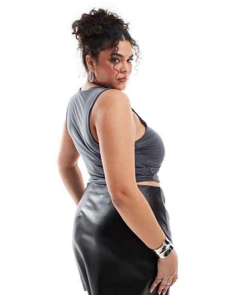 ASOS DESIGN Curve double layer slinky crop top in charcoal - view 1