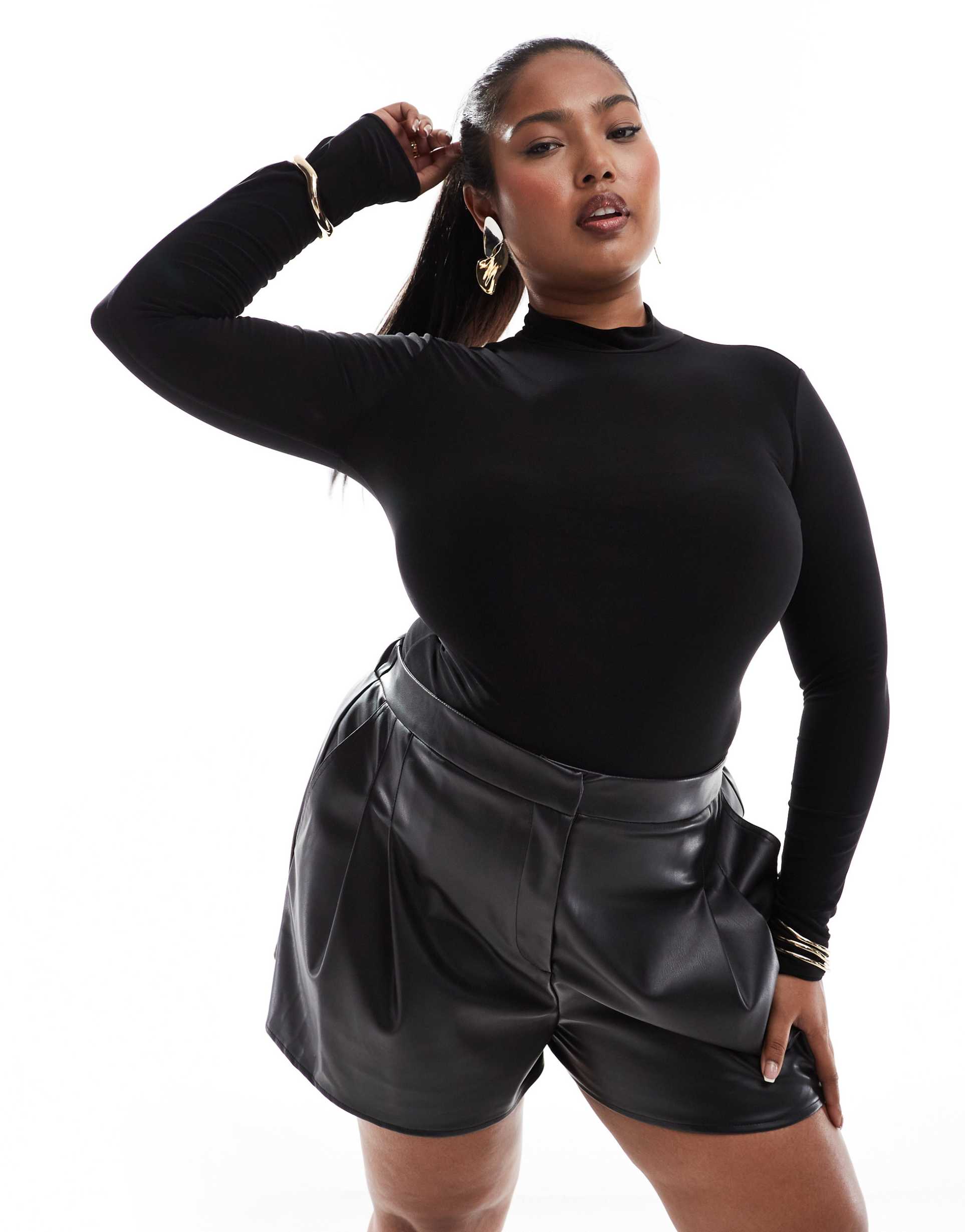 asos design curve double layer slinky high neck long sleeve bodysuit in black