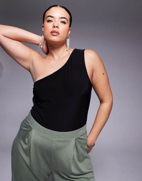 ASOS DESIGN Curve double layer slinky one shoulder bodysuit - view 1