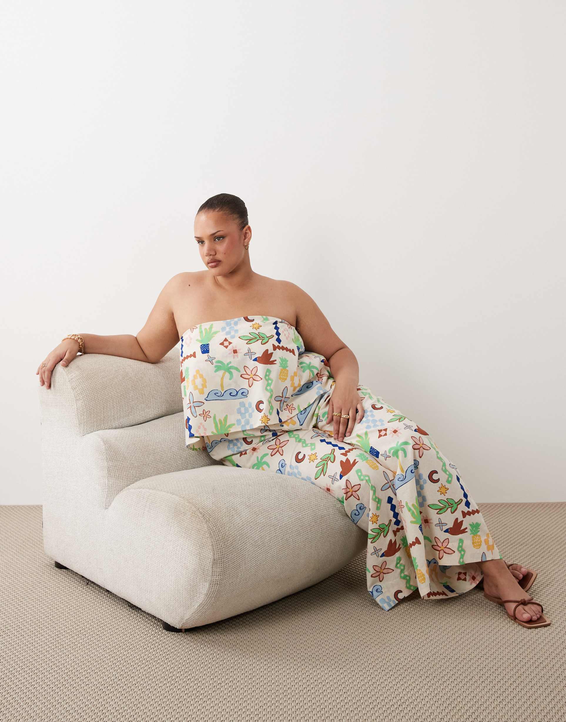 asos design curve double layer strapless jumpsuit in multi print
