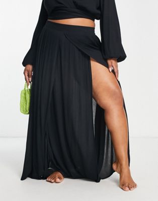 ASOS DESIGN Curve double split beach sarong skirt in black