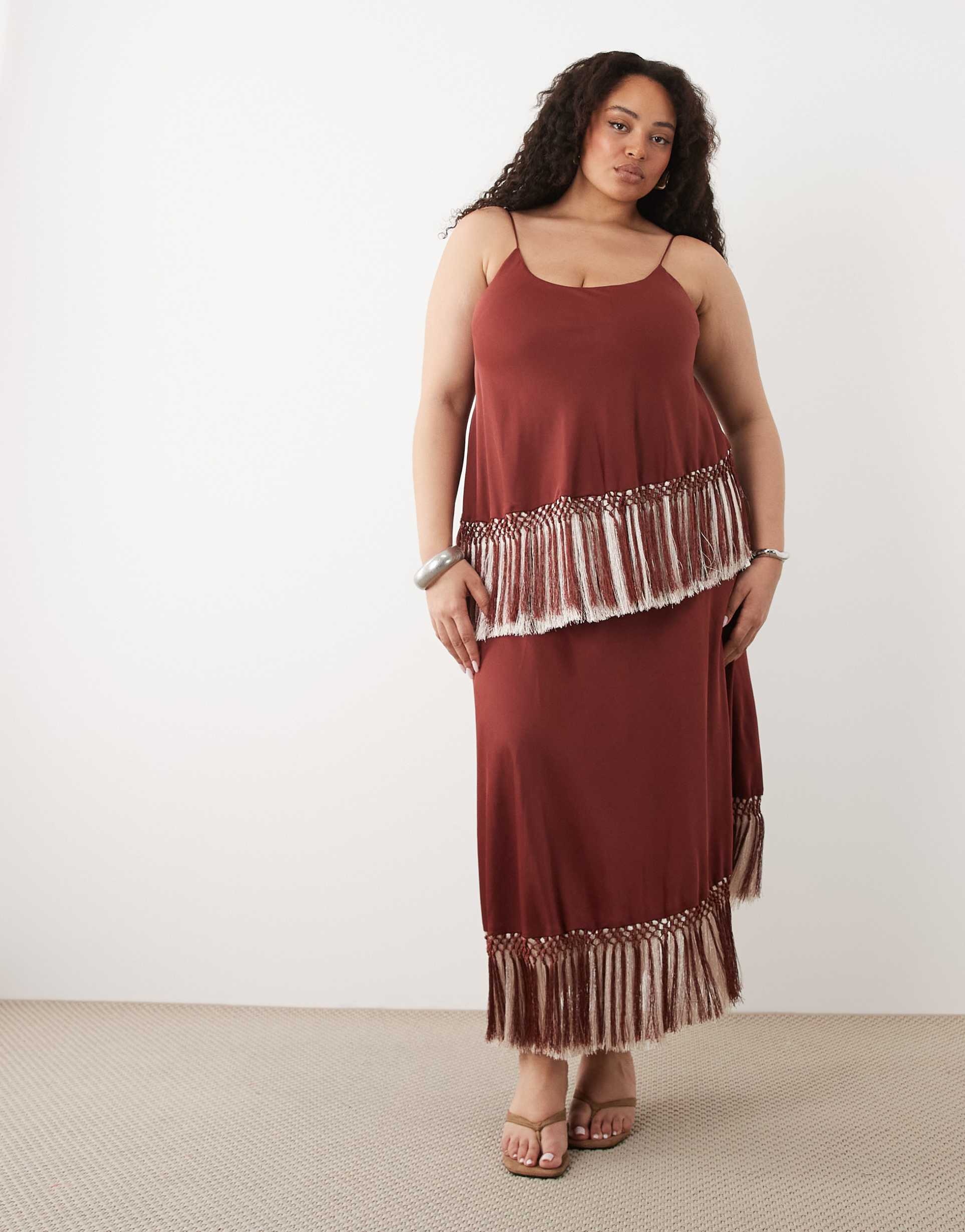 asos design curve double tier layered two tone fringe satin cami maxi dress in burgundy