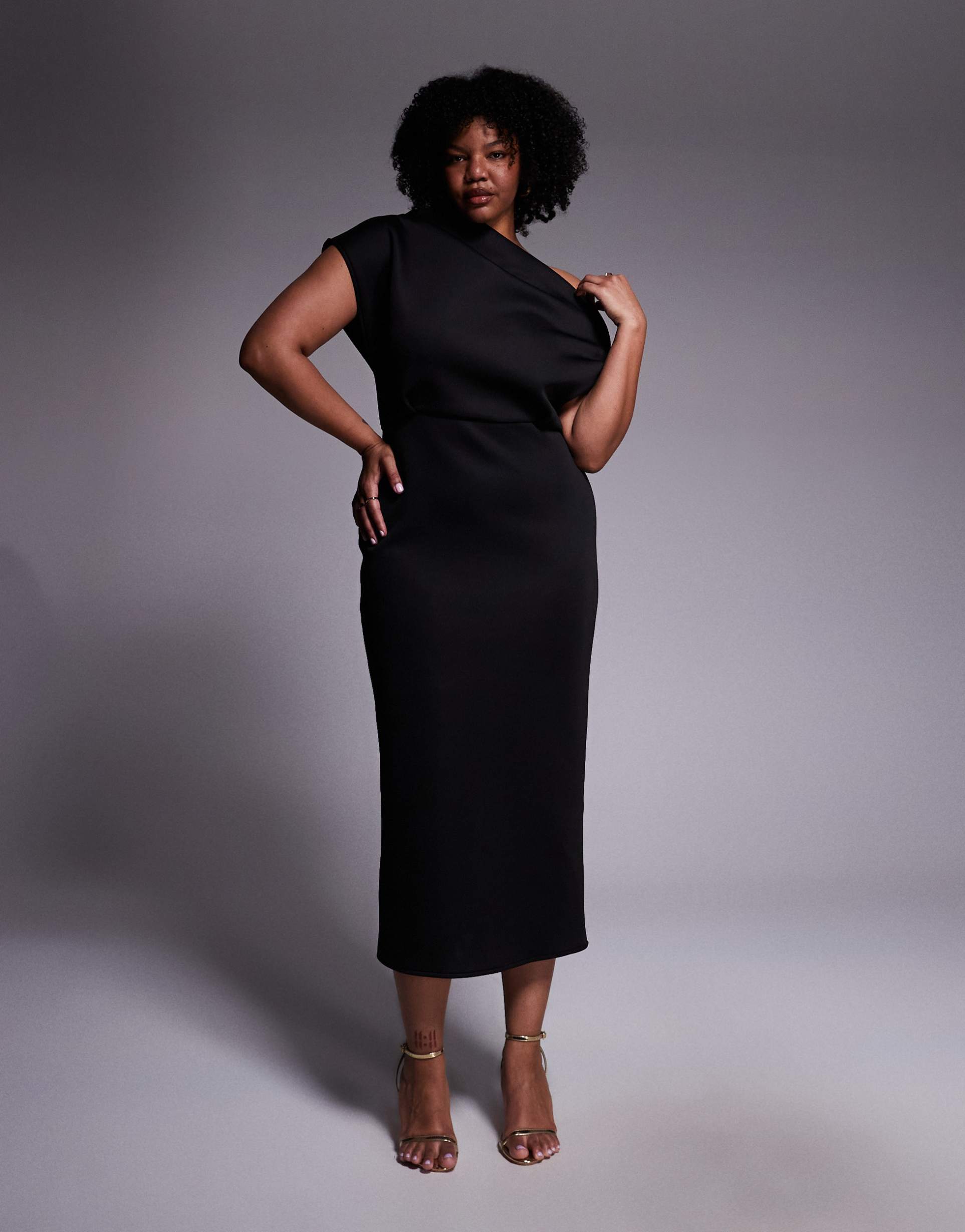 asos design curve dramatic neckline midi dress in black scuba-style fabric