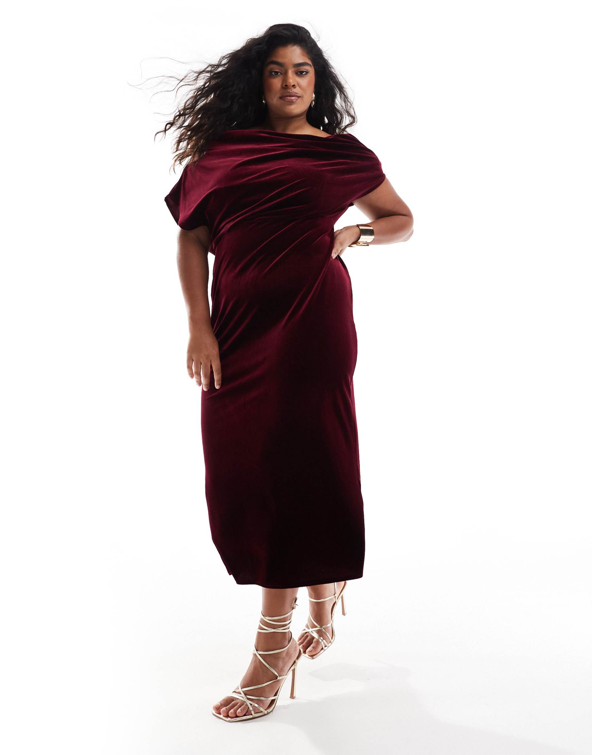 asos design curve dramatic neckline velvet midi dress in burgundy