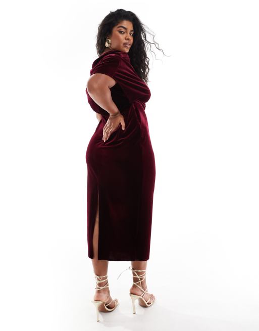 ASOS DESIGN Curve dramatic neckline velvet midi dress in burgundy, 3 of 4