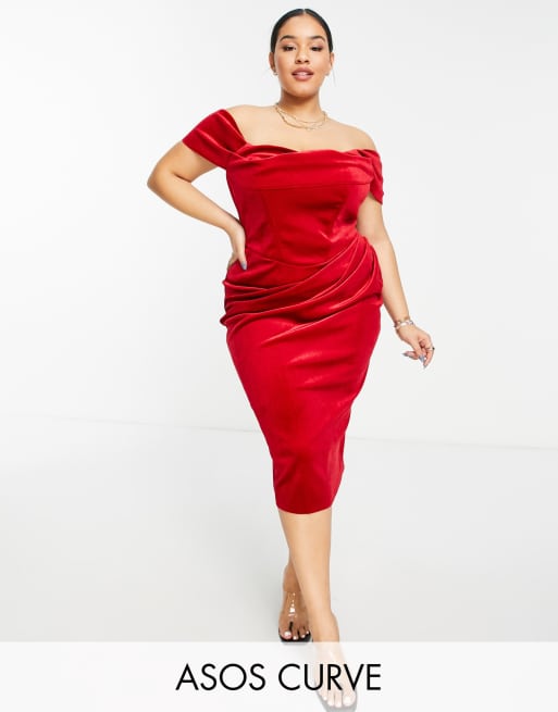 ASOS DESIGN Curve drape bardot corset velvet pencil midi dress in red