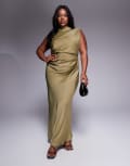 [ASOS Curve] ASOS DESIGN Curve drape bodice maxi dress with cowl back detail in olive-Green 16 Olive