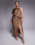 [ASOS Curve] ASOS DESIGN Curve drape bodice satin midi dress with trim detail in chocolate-Brown 26 Chocolate